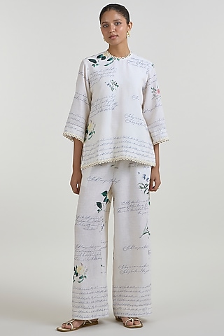Ivory Linen Blend Printed Co-Ord Set by Sobariko