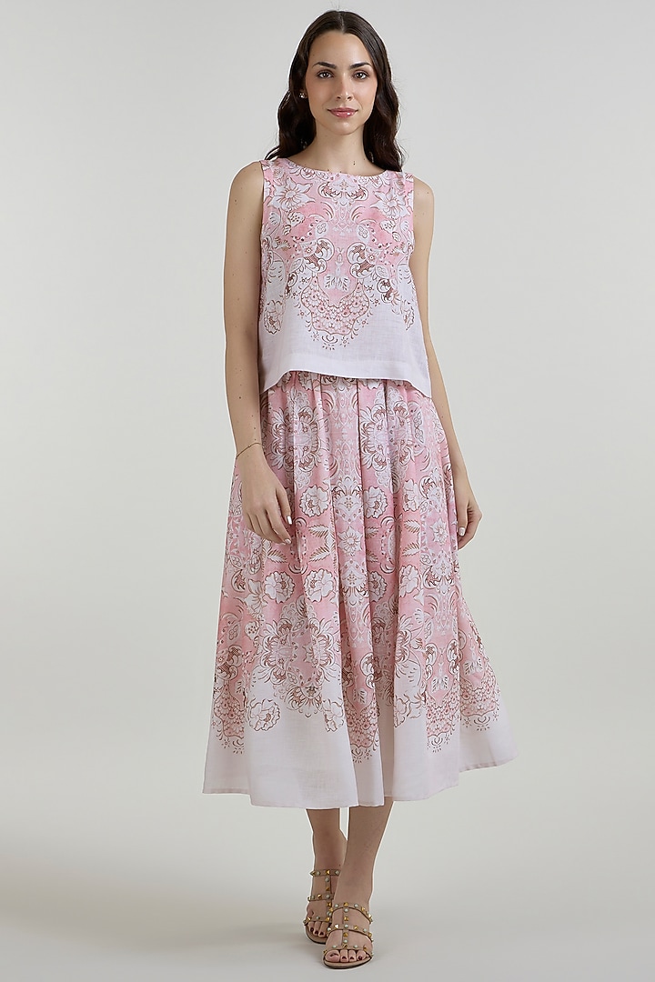Multi-Colored Linen Blend Printed Midi Skirt Set by Sobariko at Pernia's Pop Up Shop