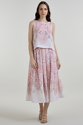 Multi-Colored Linen Blend Printed Midi Skirt Set by Sobariko