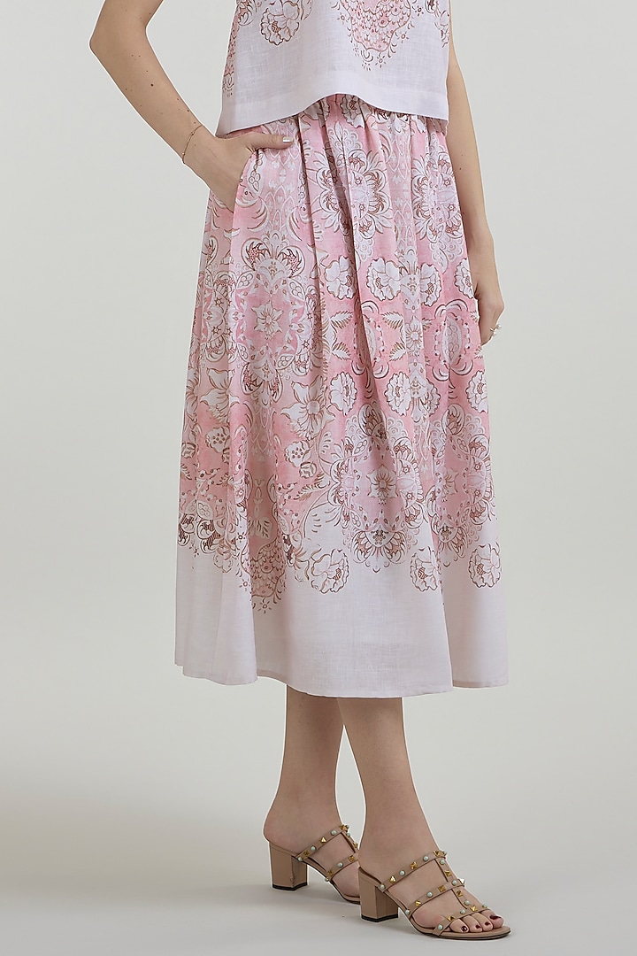 Multi-Colored Linen Blend Printed Midi Skirt Set by Sobariko at Pernia's Pop Up Shop