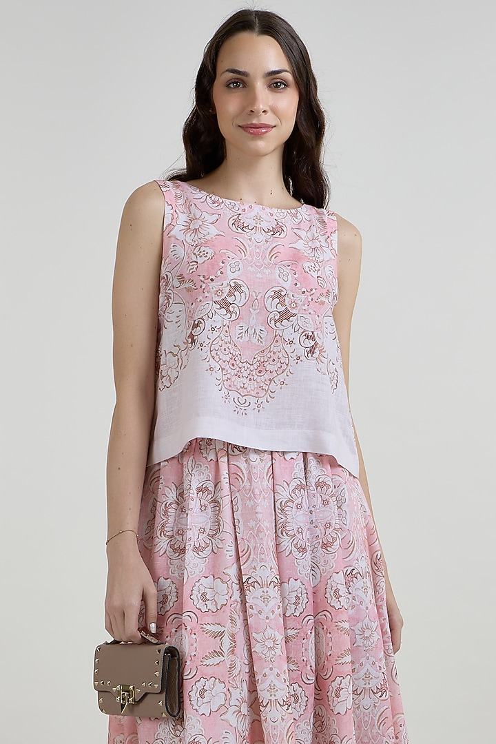 Multi-Colored Linen Blend Printed Midi Skirt Set by Sobariko at Pernia's Pop Up Shop