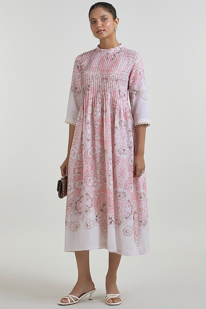 Multi-Colored Linen Blend Printed Midi Summer Dress by Sobariko at Pernia's Pop Up Shop