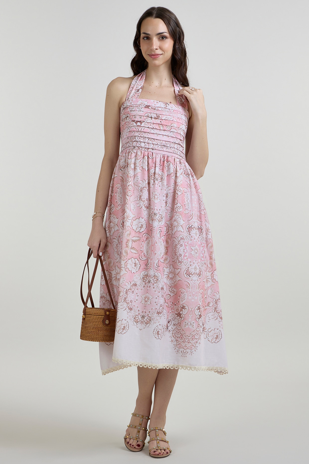 Sobariko Multi-Colored Linen Blend Floral Printed Halter Midi Dress