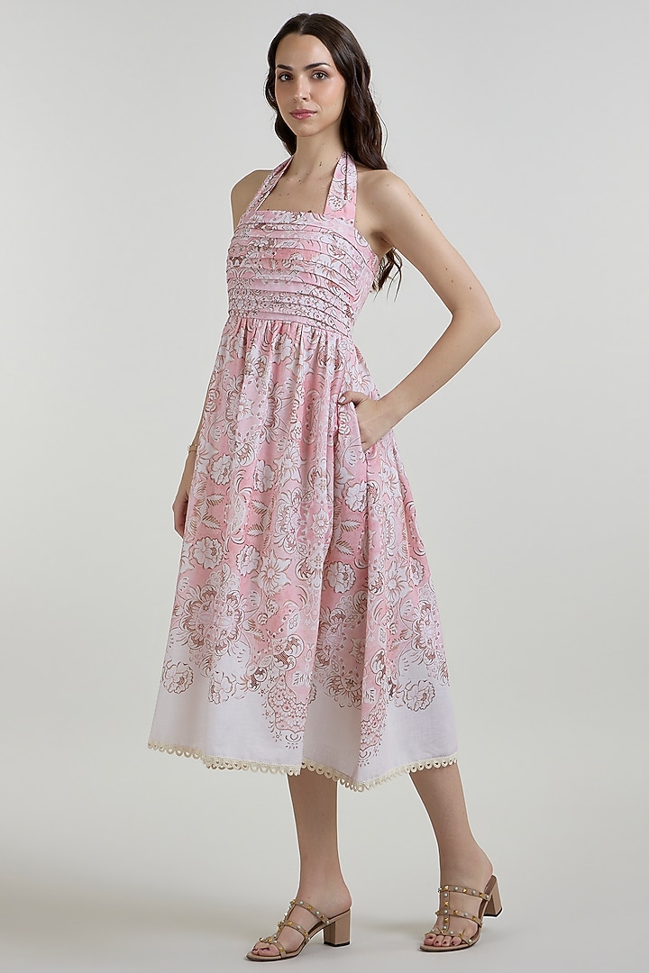 Multi-Colored Linen Blend Floral Printed Halter Midi Summer Dress by Sobariko at Pernia's Pop Up Shop
