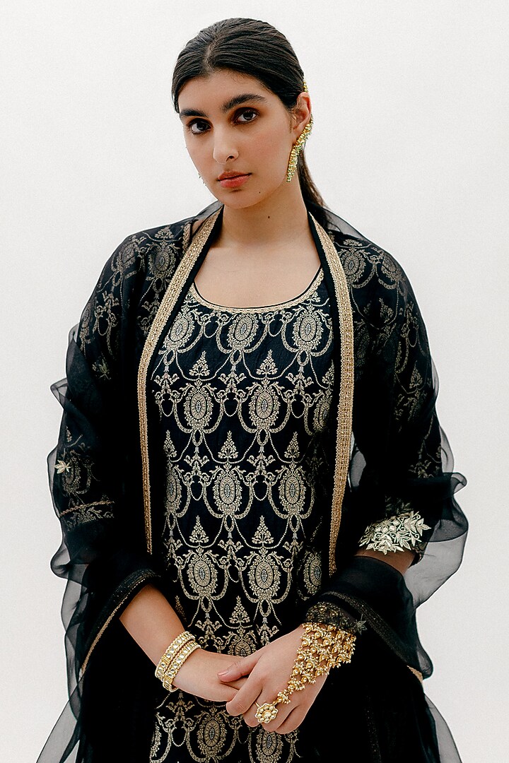Black Banarsi Brocade Kurta Set by Sobariko at Pernia's Pop Up Shop
