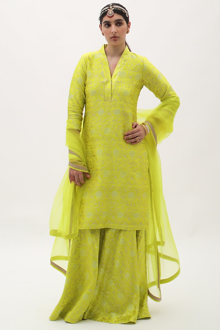 Lime Green Banarasi Silk Sharara Set by Sobariko