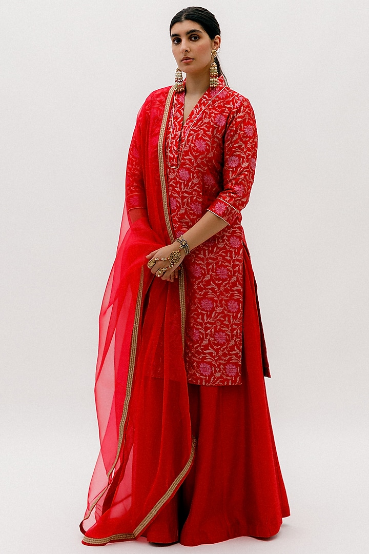 Red Banarasi Silk Sharara Set by Sobariko
