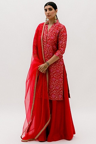 Red Banarasi Silk Sharara Set by Sobariko