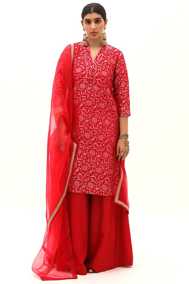 Red Banarasi Silk Wedding Sharara Set by Sobariko at Pernia's Pop Up Shop