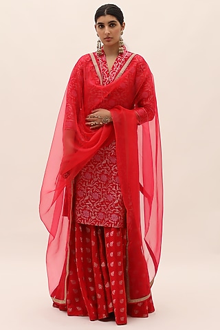 Red Banarasi Sharara Set by Sobariko