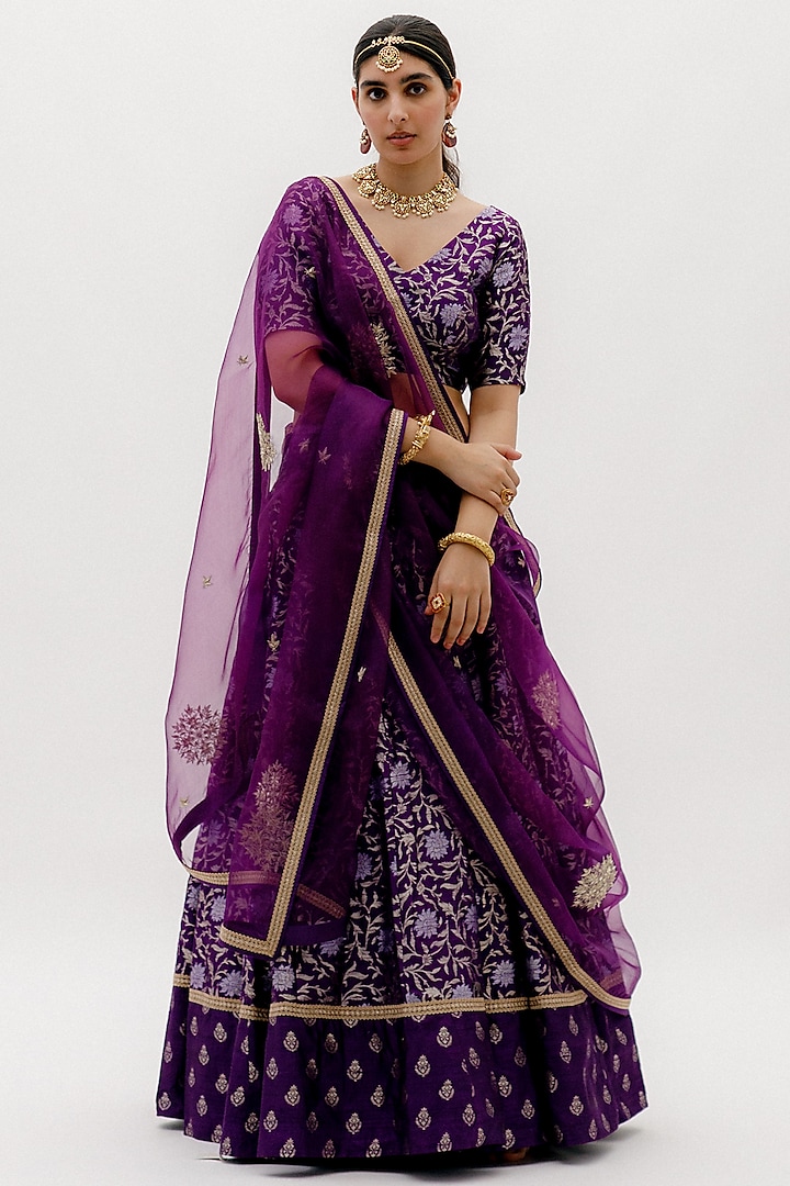 Purple Banarasi Silk Brocade Lehenga Set by Sobariko
