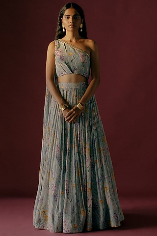 Teal Floral  Printed Lehenga Set by Sobariko