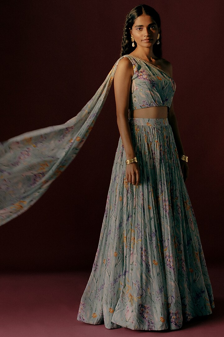 Teal Floral Printed Lehenga Set by Sobariko at Pernia's Pop Up Shop
