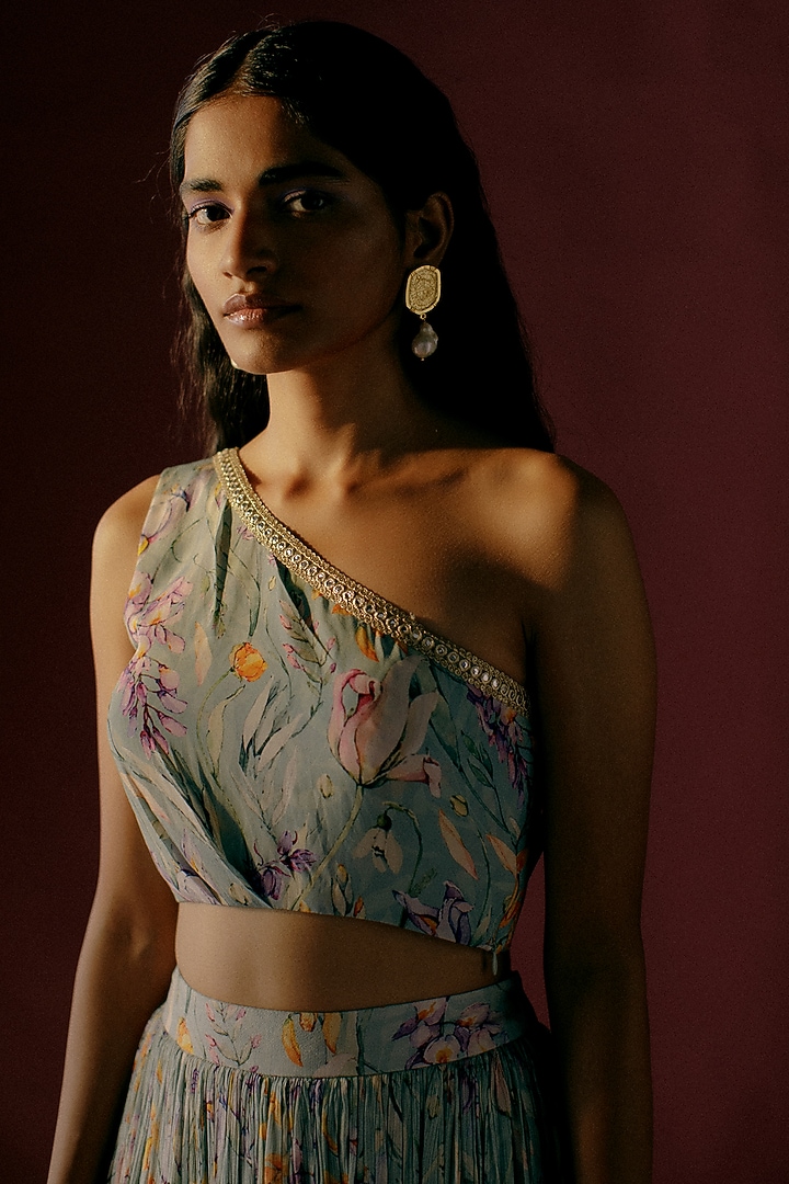 Teal Floral Printed Lehenga Set by Sobariko at Pernia's Pop Up Shop