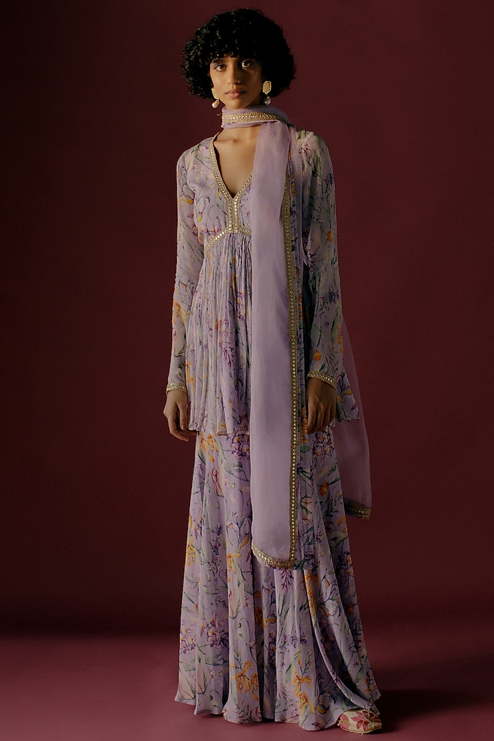 Lavender Floral Printed Party Wear Sharara Set by Sobariko at Pernia's Pop Up Shop