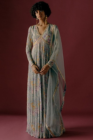 Teal Floral Printed Anarkali Set by Sobariko