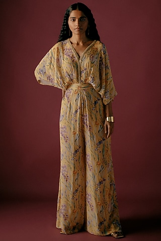 Yellow Floral Printed Jumpsuit by Sobariko