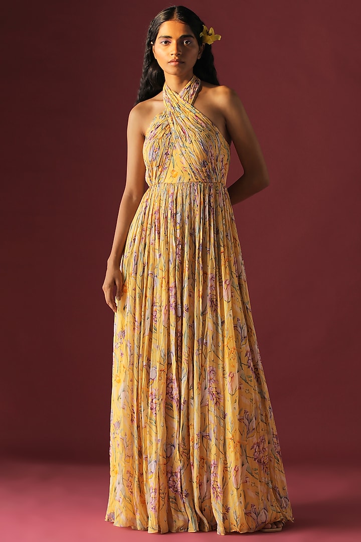 Yellow Floral Printed Maxi Dress by Sobariko