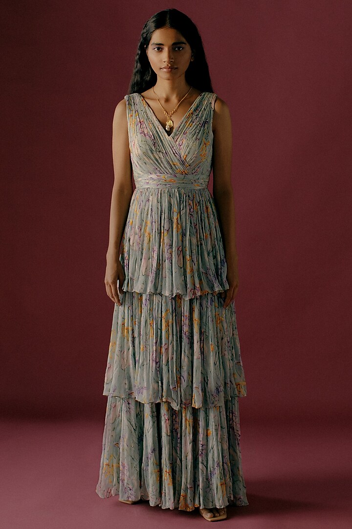 Teal Printed Maxi Dress by Sobariko