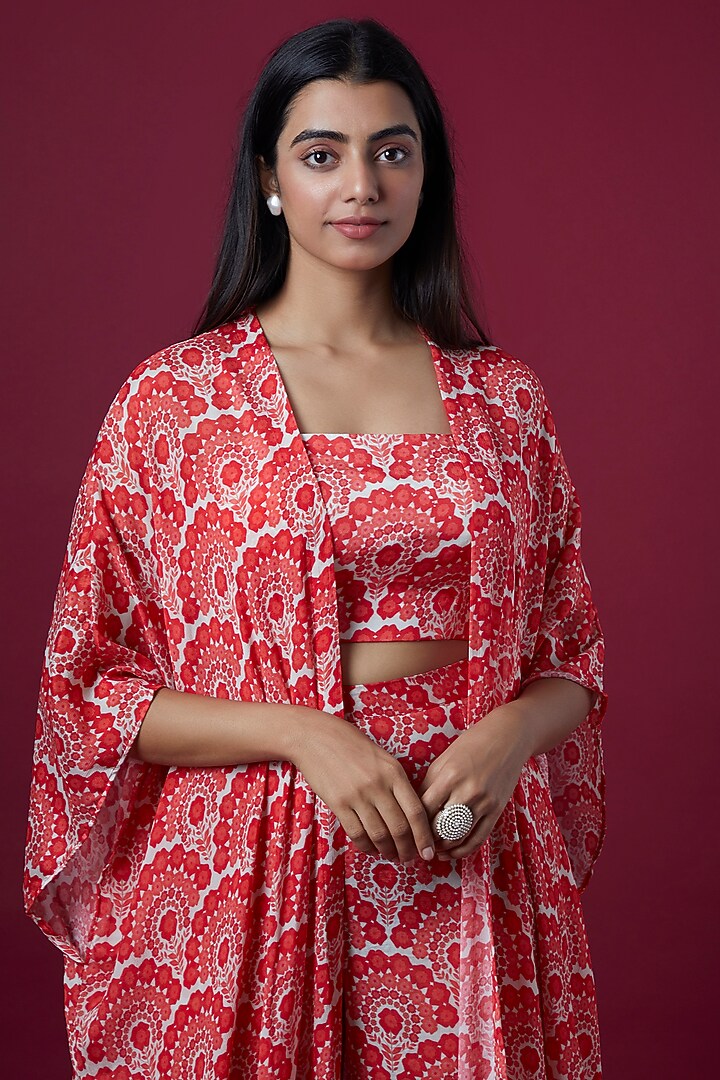 Red Bindu Print Cape Set