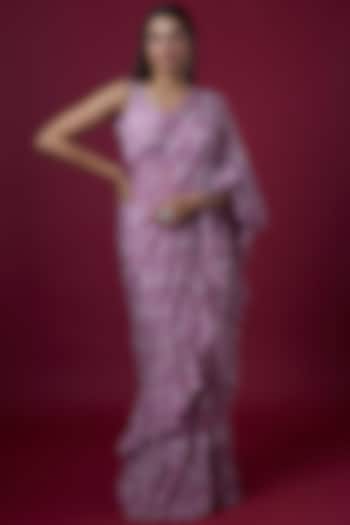 Purple Printed Draped Saree Set by Sobariko