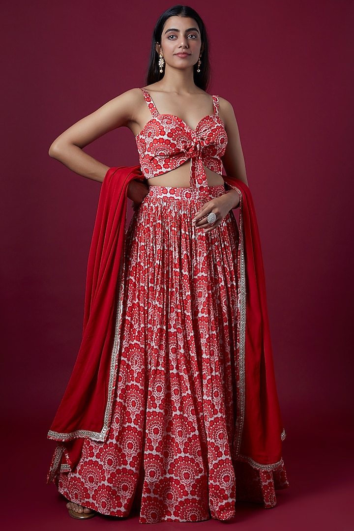 Red Floral Printed Lehenga Set by Sobariko at Pernia's Pop Up Shop