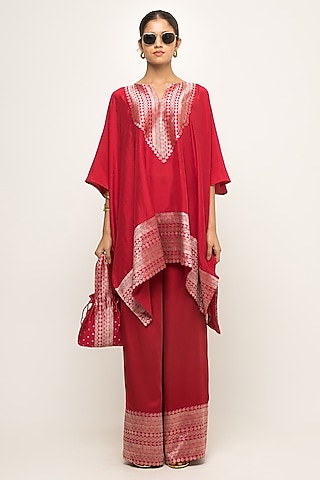 Red Pure Silk Asymmetric Kurta Set by Sobariko