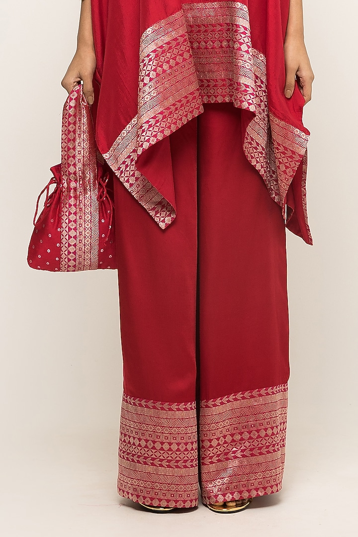 Red Pure Silk Asymmetric Kurta Set by Sobariko at Pernia's Pop Up Shop