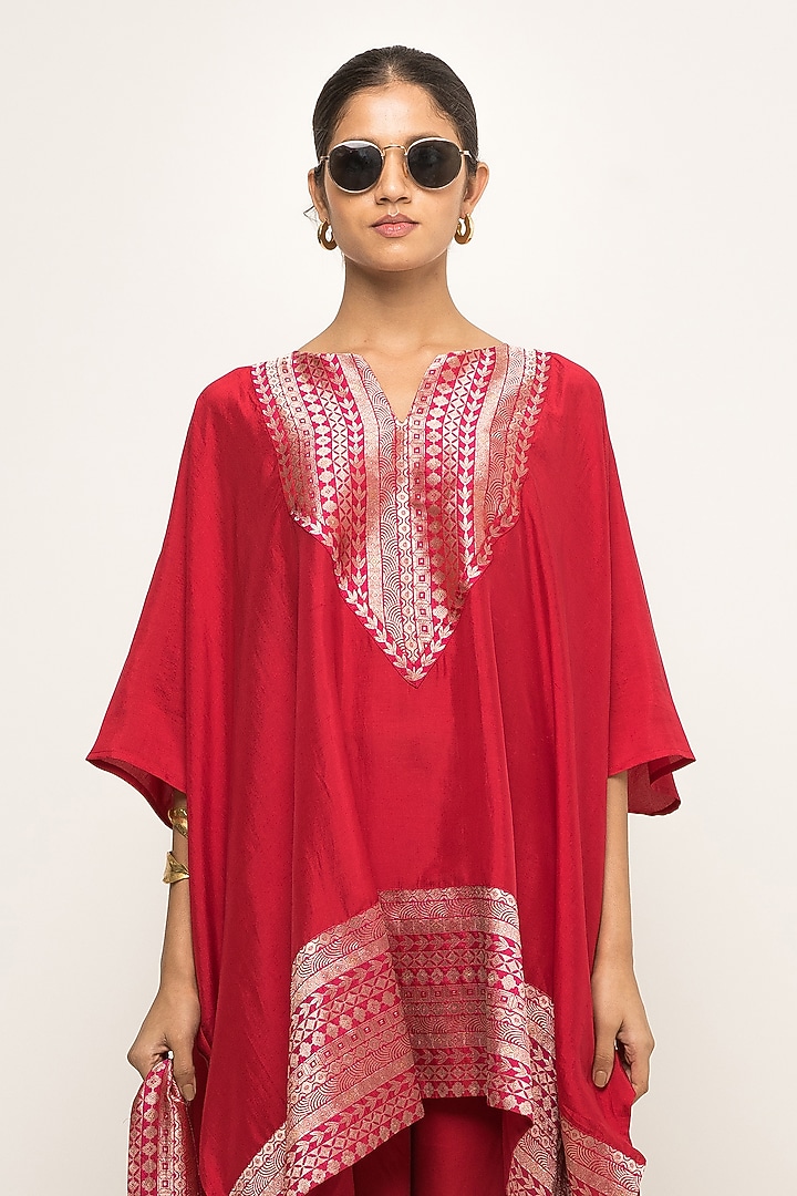 Red Pure Silk Asymmetric Kurta Set by Sobariko at Pernia's Pop Up Shop