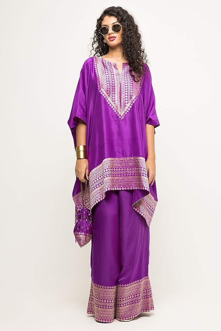 Purple Pure Silk Asymmetric Kurta Set by Sobariko at Pernia's Pop Up Shop