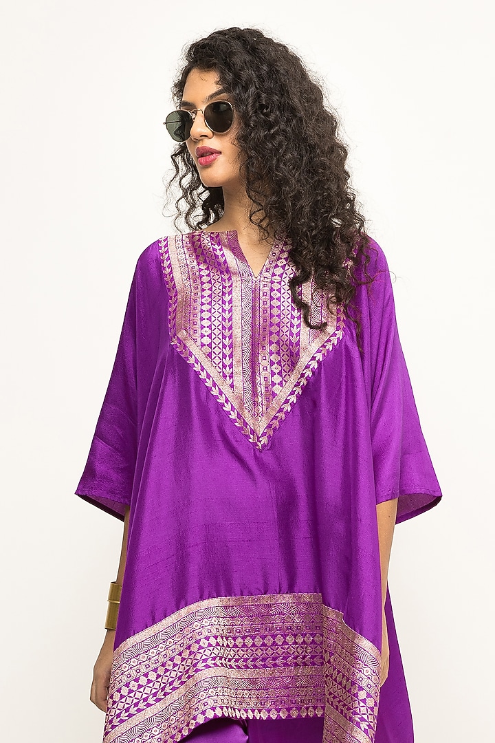 Purple Pure Silk Asymmetric Kurta Set by Sobariko at Pernia's Pop Up Shop