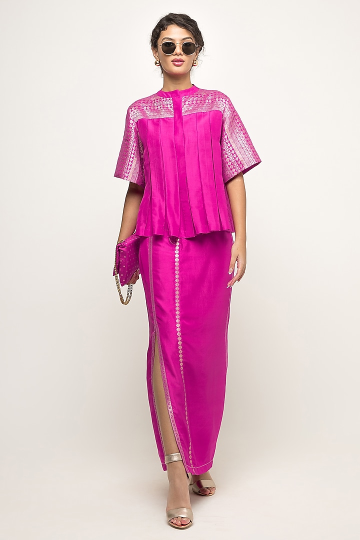 Pink Pure Silk A-Line Slit Skirt Set by Sobariko at Pernia's Pop Up Shop