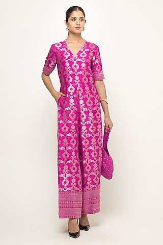 Pink Handwoven Brocade Jaal Jumpsuit by Sobariko