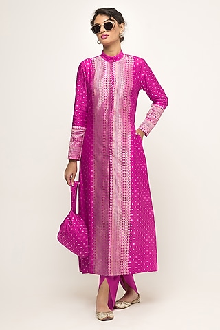 Pink Silk & Satin Long Jacket Set by Sobariko