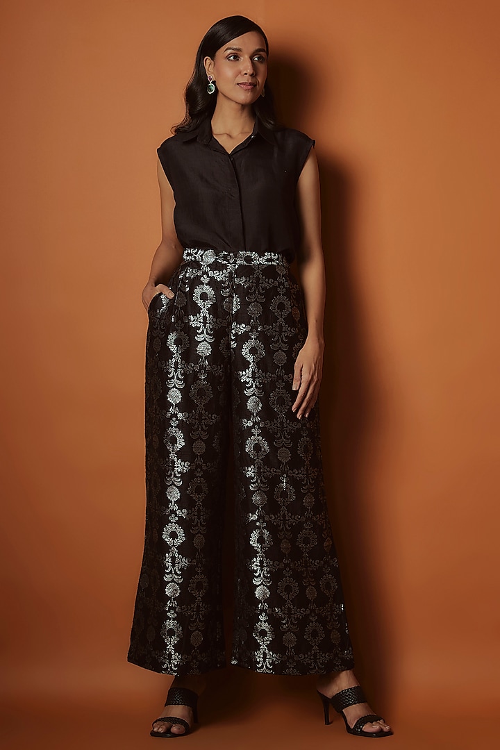 Black Handwoven Brocade Pant Set by Sobariko at Pernia's Pop Up Shop