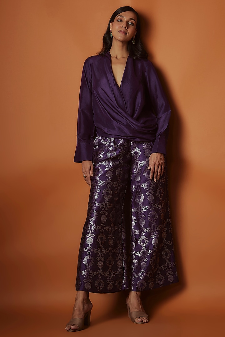 Purple Handwoven Brocade Silk Pant Set by Sobariko