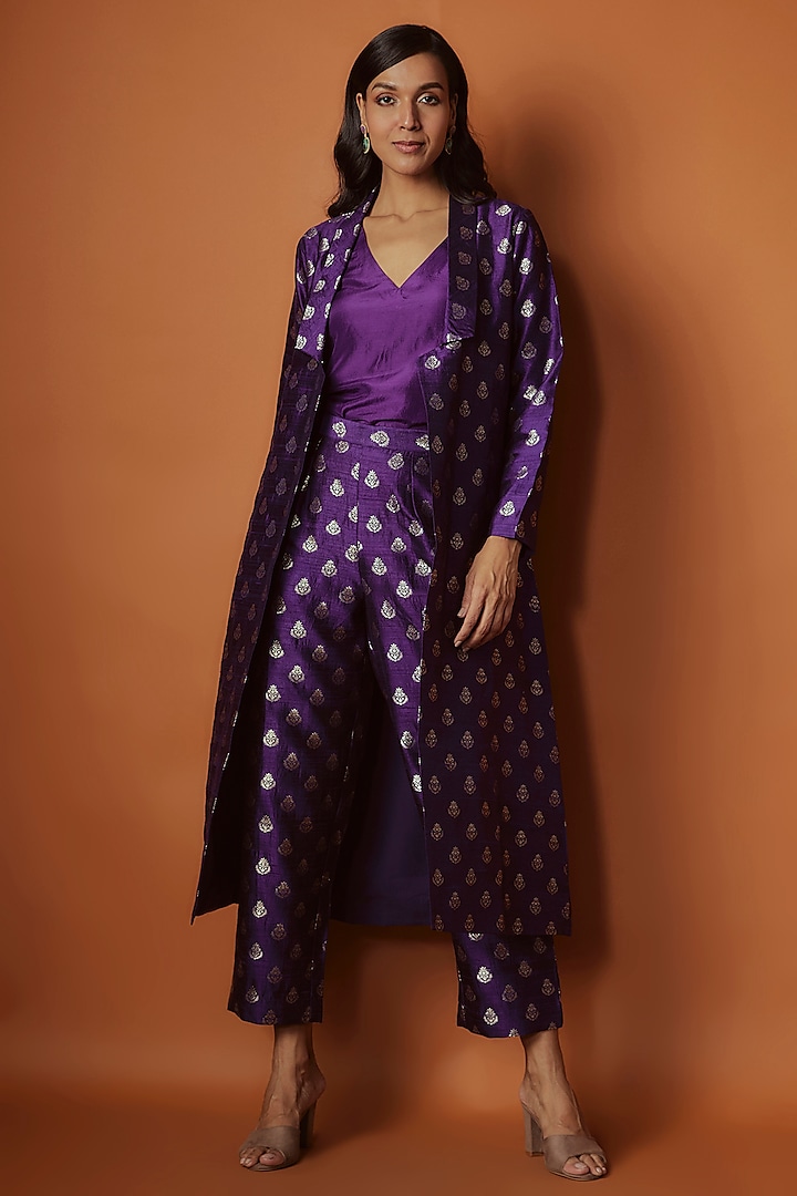 Purple Silk Boota Jacket Set by Sobariko