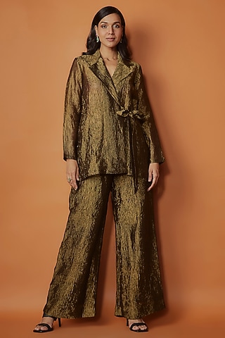Metallic Gold Crushed Tissue Jacket Set by Sobariko