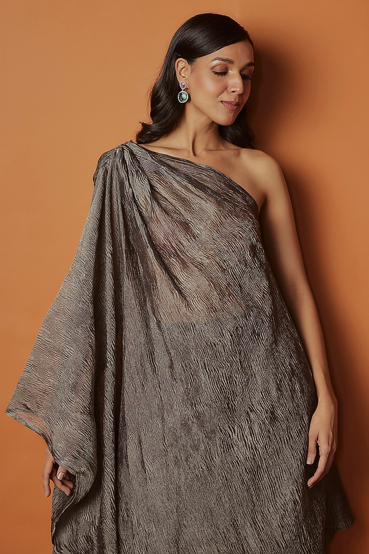 Metallic SIlver Crushed Tissue One-Shoulder Cape Set by Sobariko at Pernia's Pop Up Shop