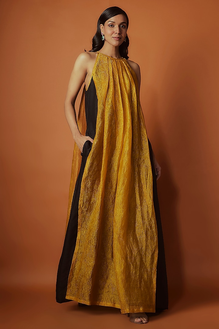 Metallic Gold & Black Crushed Tissue Maxi Dress by Sobariko