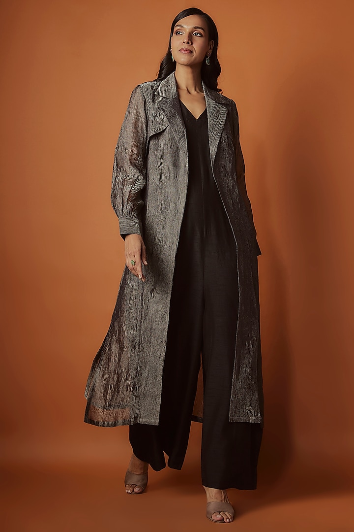 Black Silver Crushed Tissue Jumpsuit With Trench Jacket by Sobariko