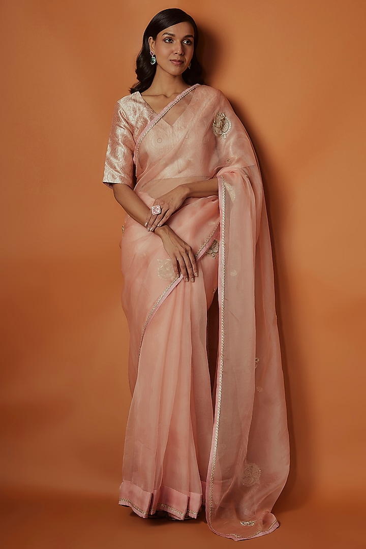 Pastel Peach Organza Motifs Hand Embroidered Saree Set by Sobariko at Pernia's Pop Up Shop