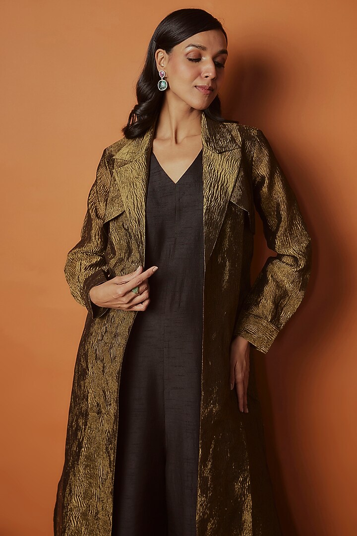 Black Crushed Tissue Jumpsuit With Trench Jacket by Sobariko at Pernia's Pop Up Shop
