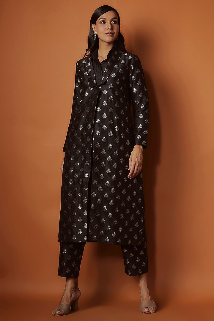 Black Silk Boota Jacket Set by Sobariko at Pernia's Pop Up Shop