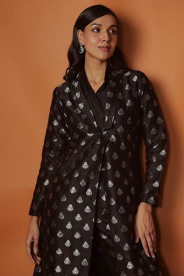 Black Silk Boota Jacket Set by Sobariko at Pernia's Pop Up Shop