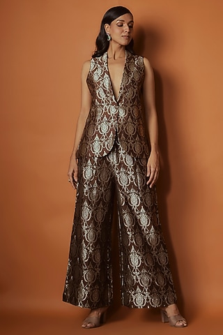 Brown Brocade Blazer Set by Sobariko