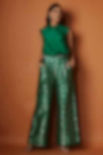 Emerald Green Handwoven Brocade Silk Pant Set by Sobariko