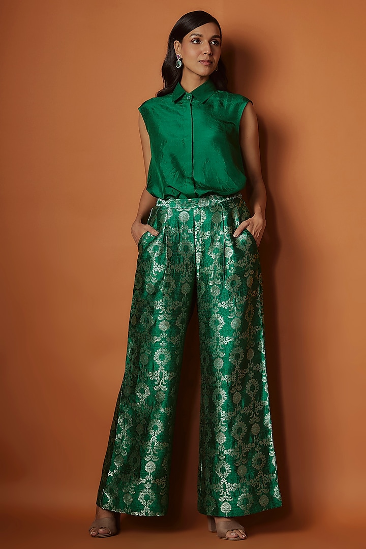 Emerald Green Handwoven Brocade Silk Pant Set by Sobariko