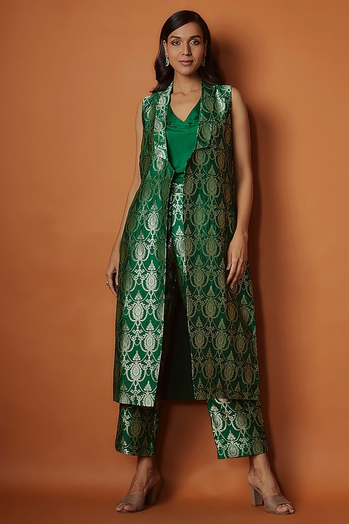 Emerald Green Brocade Silk Jacket Set by Sobariko