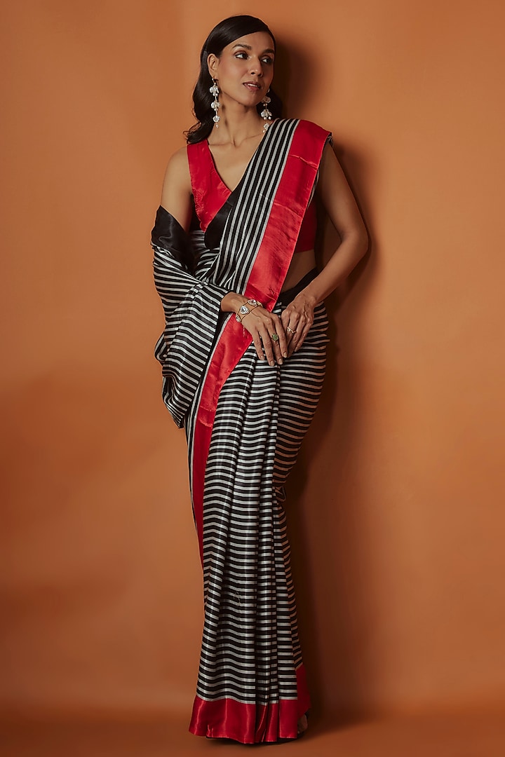 Black & White Satin Striped Printed Saree Set by Sobariko